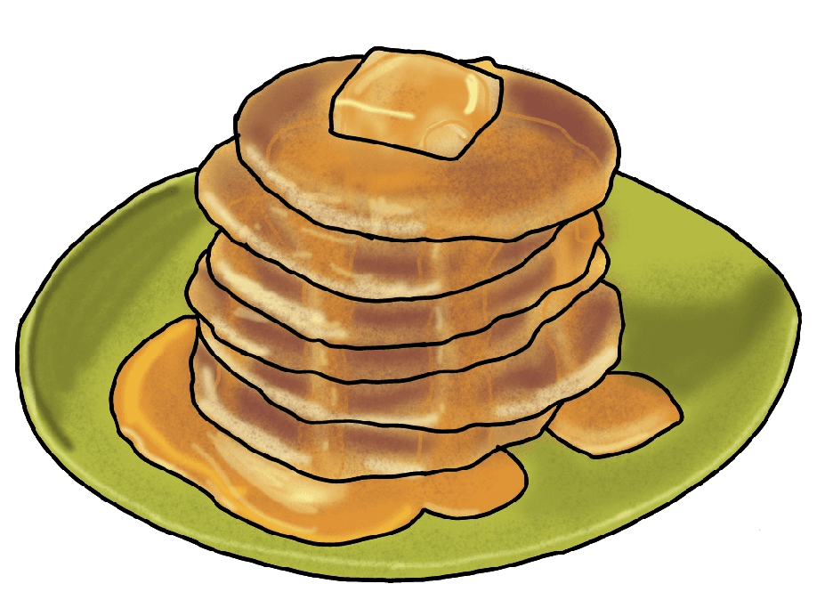 A drawing of a stack of 6 pancakes covered in butter and syrup on a green plate.