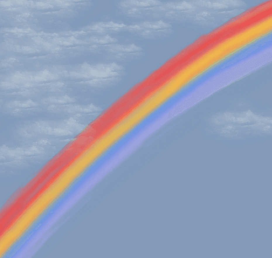 A drawing of a corner of a rainbow in front of a blue sky.