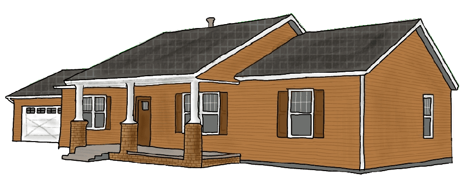 A drawing of a brick ranch house with an attached garage and a small porch.