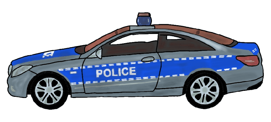 A drawing of a gray sedan labeled "police."