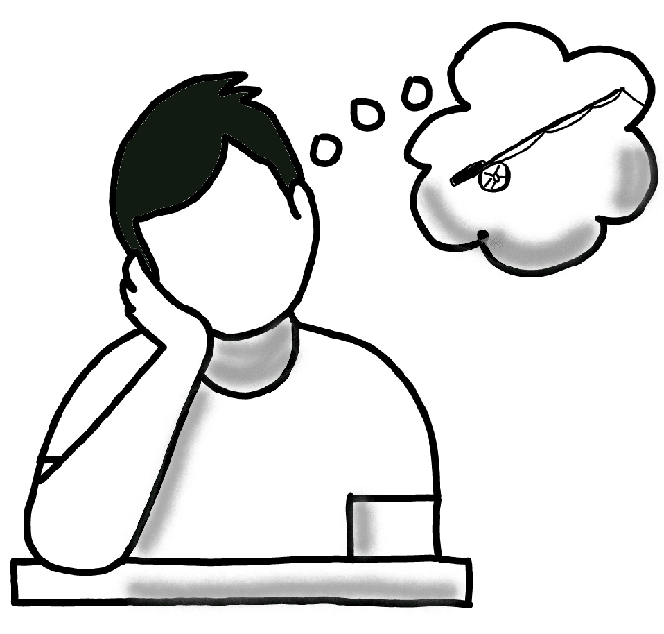 A black-and-white line drawing of a man sitting at a desk with his head in his hand. Above his head a thought bubble holds a picture of a fishing rod.