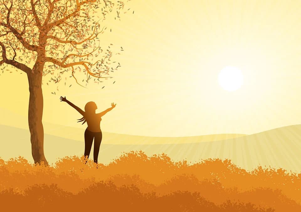 A graphic shows a woman stretching under a tree on a sunny day.