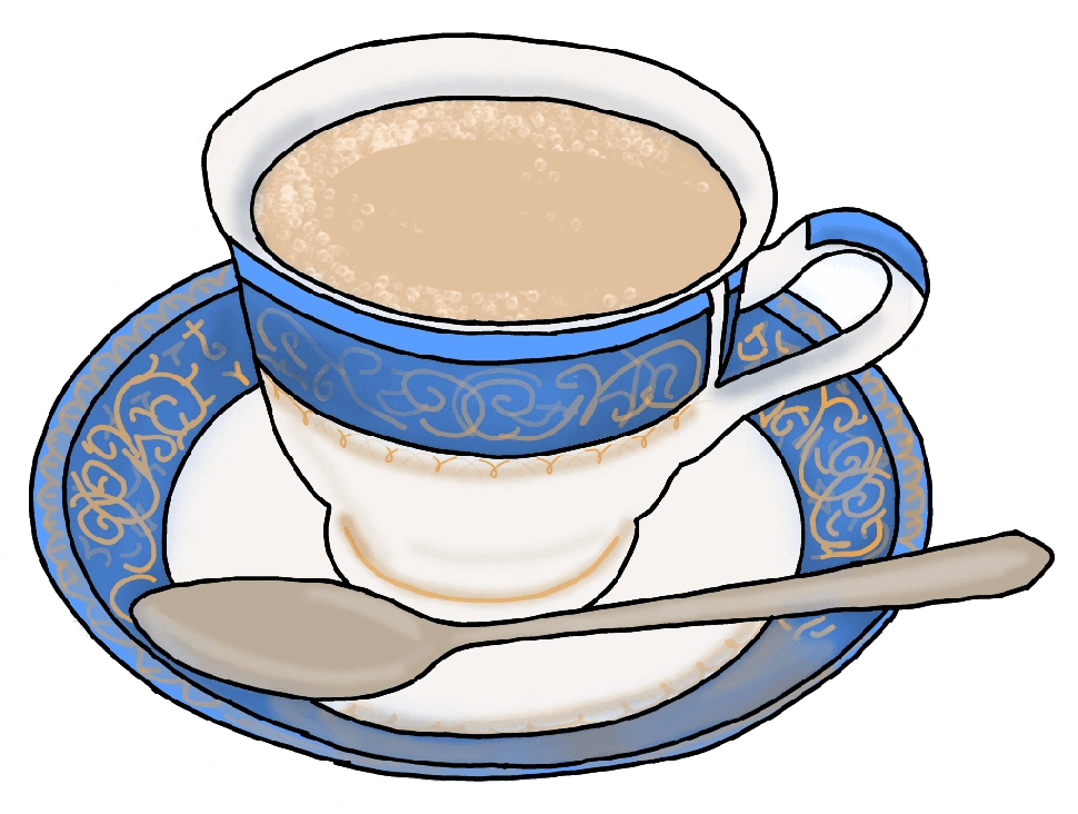A drawing of a small blue and white tea cup in a saucer with a teaspoon.