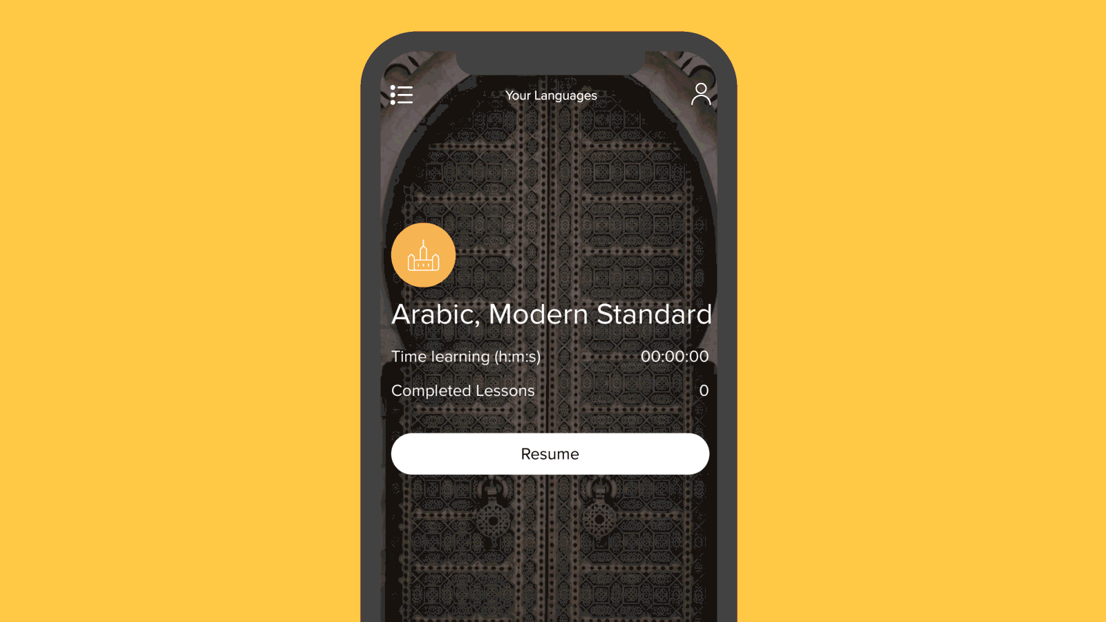 A Mango course card for Modern Standard Arabic, one of the languages students pick from
