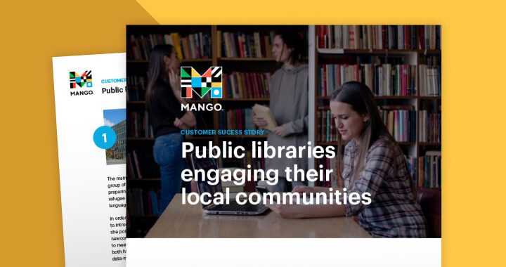 Title card for the five-libraries story, over a photograph of a patron in the stacks