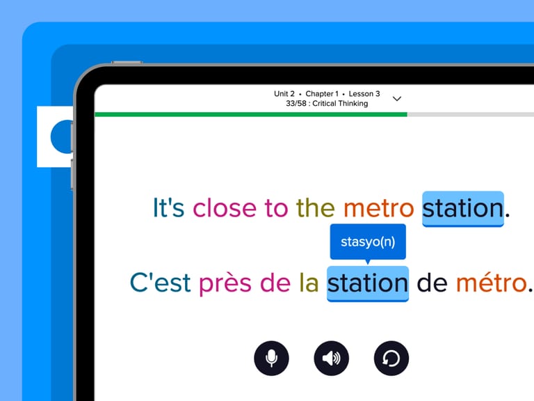 An English sentence and its French translation with matching words color-coded across the two
