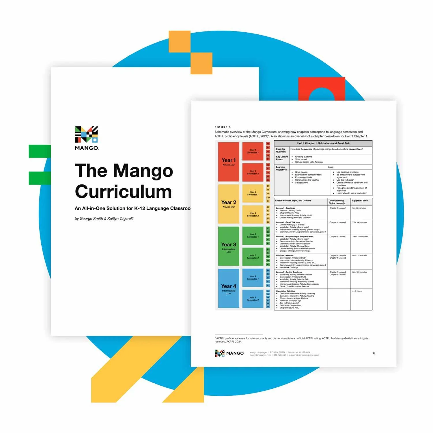 The cover of The Mango Curriculum whitepaper, beside a page showing how chapters map to language semesters